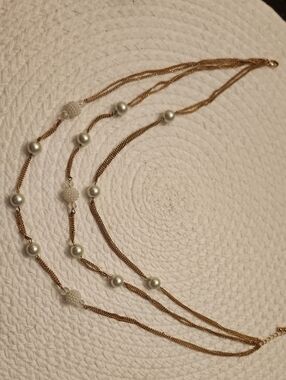 Gold-Tone Triple Strand Necklace with Pearl Stations